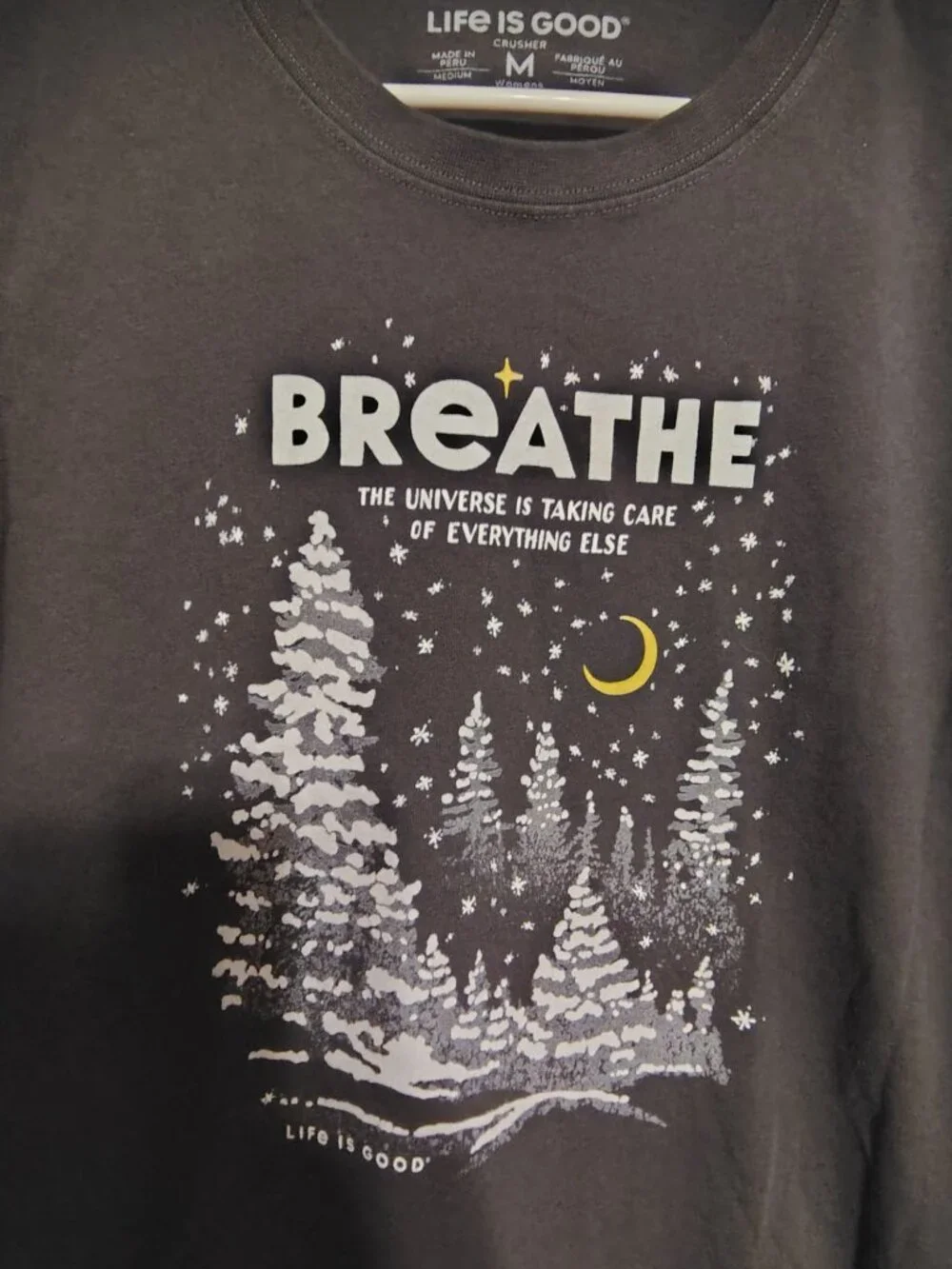 Life is Good Medium Breathe Black Long Sleeve T-Shirt, Night Time Snow Universe - Picture 2 of 4
